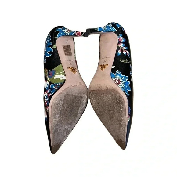 Prada Dark Floral Print Saffiano Leather Stiletto Heels Size 38 - Picture 5 of 6